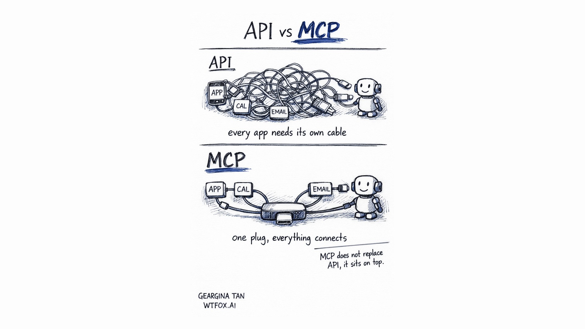 Hand-drawn API vs MCP sketch by Geargina Tan: tangled cables into a robot for APIs, one USB-C style hub for MCP