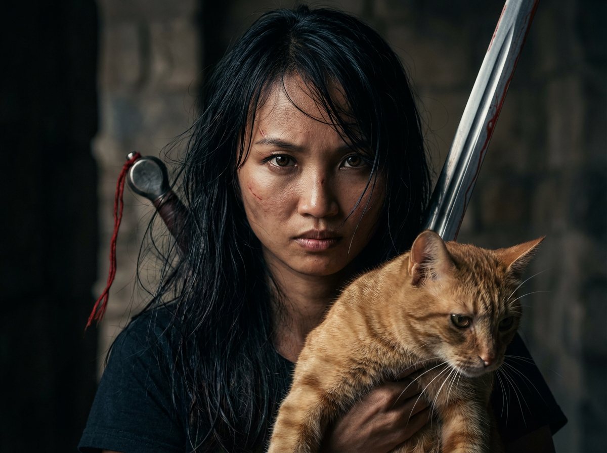 Illustration by Geargina Tan (Coach Gina), Singapore's AI expert and COO of WTFox.ai: a determined figure holding a sword with a ginger cat, used for her Singapore Budget 2026 AI explainer. Practical AI commentary for business owners and workers in Singapore.