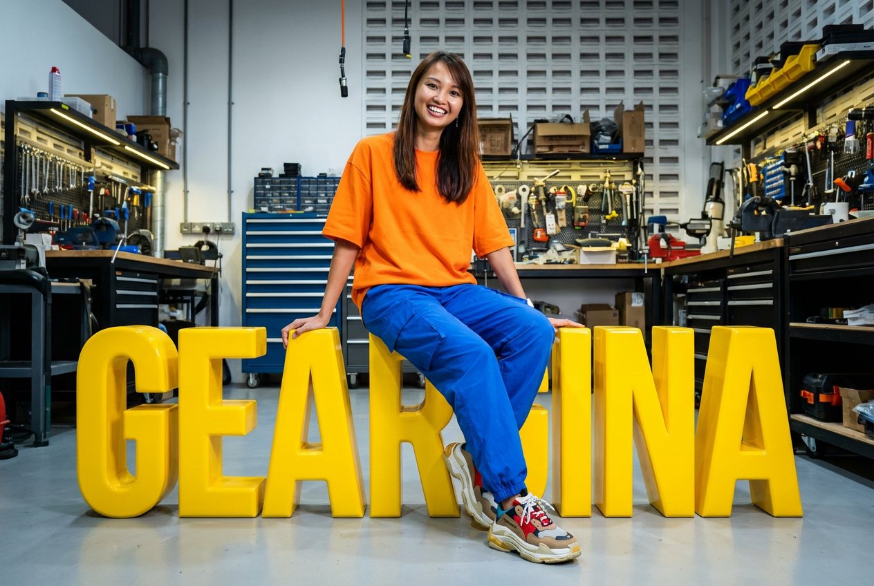 Geargina Tan (Coach Gina) photographed with large GEARGINA lettering in a workshop setting, COO of WTFox.ai and AI workshop facilitator. Hands-on Claude and ChatGPT training for teams in Singapore.